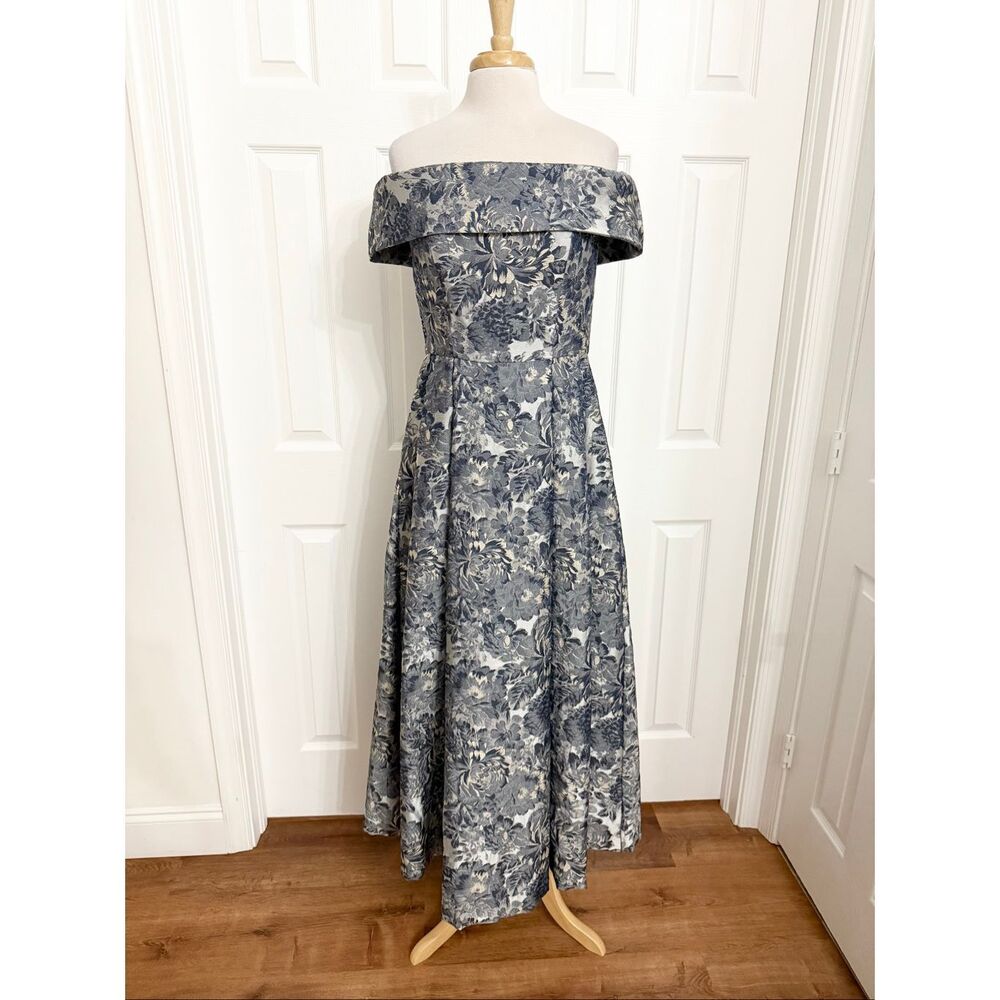 Alex Evenings Off-Shoulder Floral Midi Dress in Blue and Silver